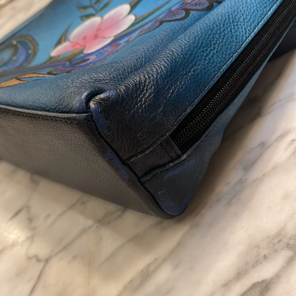 Anna by Anuschka Hand-Painted Blue Leather Hobo Bag - Picture 5 of 12